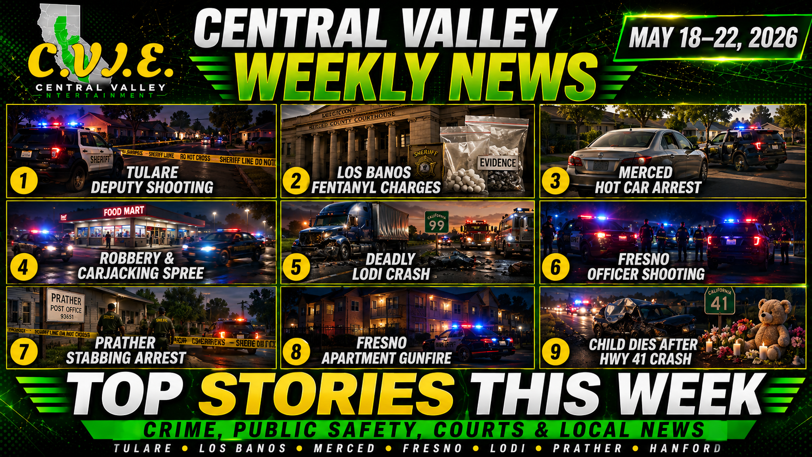 Central Valley News Today graphic for May 22, 2026 featuring Tulare County shooting, Los Banos murder charges, Merced hot car arrest and Fresno updates.