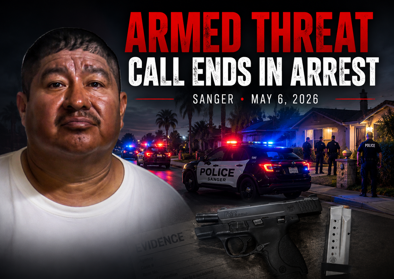 Police lights on a Sanger neighborhood street with a portrait graphic of Alfredo Moreno for a local crime news story.