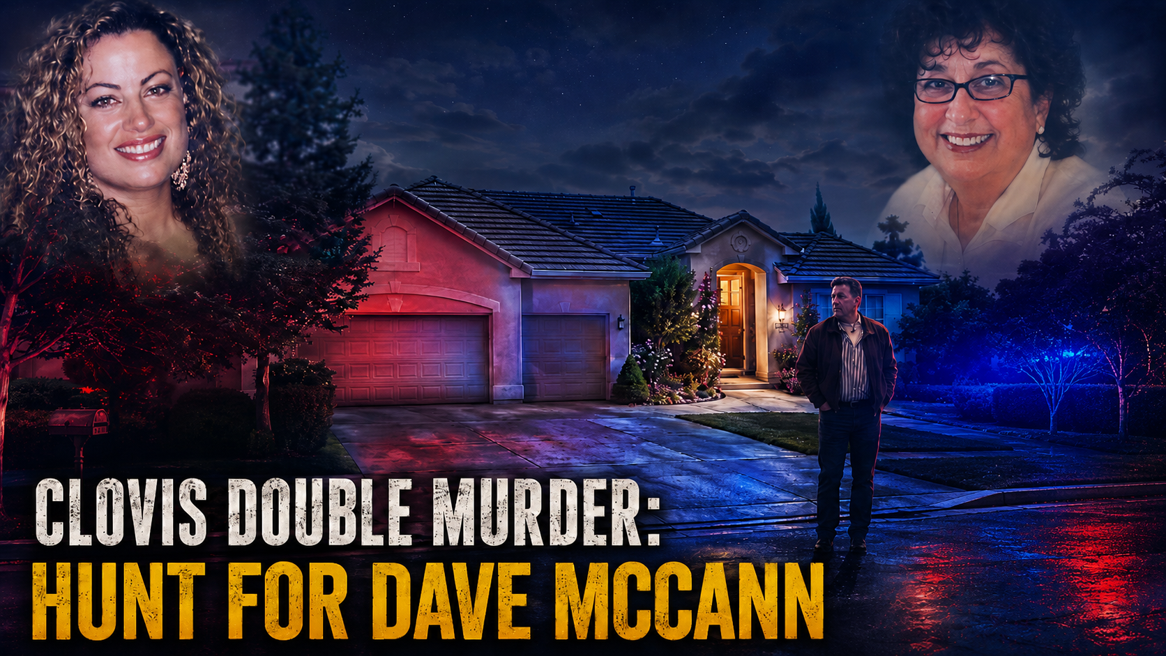 Clovis double murder manhunt scene with Dave McCann, the Clovis home, and victims Tierney Cooper-McCann and Judith Cooper
