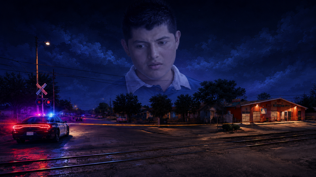 Police lights near railroad tracks during Manuel Hernandez Lopez Fresno shooting case