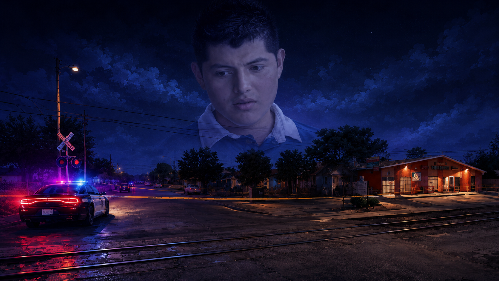 Police lights near railroad tracks during Manuel Hernandez Lopez Fresno shooting case
