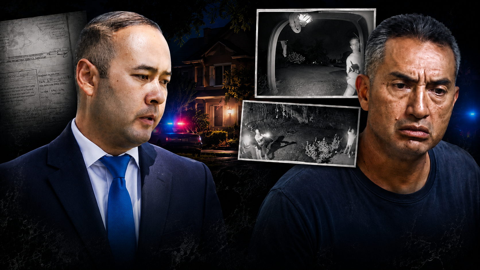Larry Torrez and Fresno City Attorney Andrew Janz featured in a Fresno crime news graphic about an alleged knife incident outside Janz’s home.