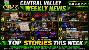 Central Valley Weekly News May 4–8, 2026 podcast thumbnail featuring school budget crisis, Canvas cyberattack, Fresno moped crash and public safety updates.