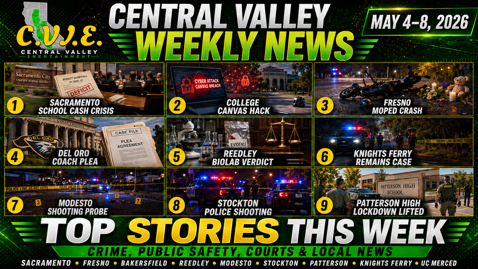 Central Valley Weekly News May 4–8, 2026 podcast thumbnail featuring school budget crisis, Canvas cyberattack, Fresno moped crash and public safety updates.