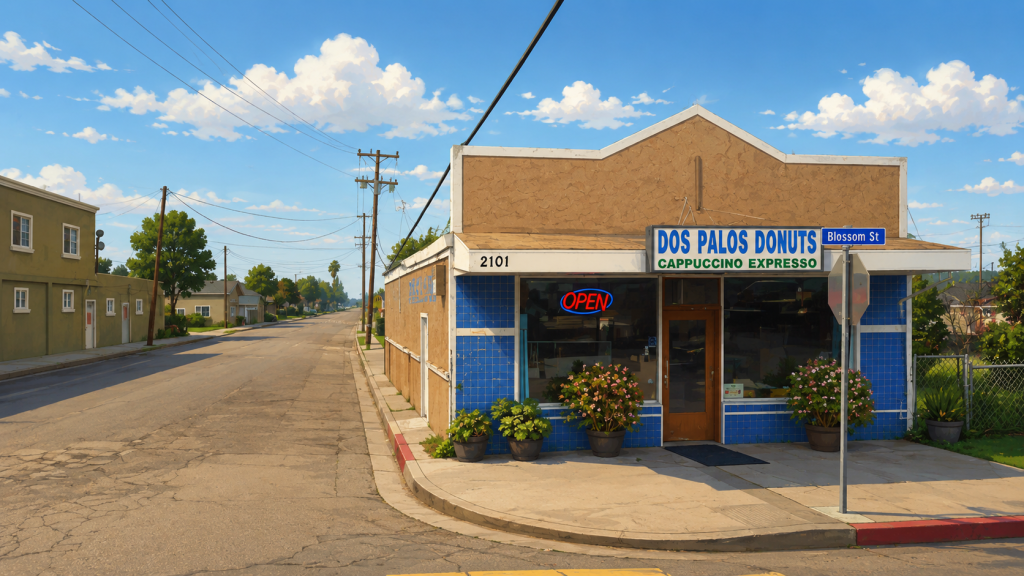 Fresh donuts and local food at Dos Palos Donuts on Blossom Street in Dos Palos, California.