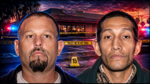 Aaron Muller and Kyle Beachy shown over a dark Fresno crime scene near Carl’s Jr. after a fatal stabbing investigation.