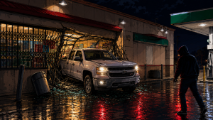 Cartoon-style image of a damaged Sinclair Dino Mart gas station in west Fresno after a truck crash near McKinley and West Avenues.