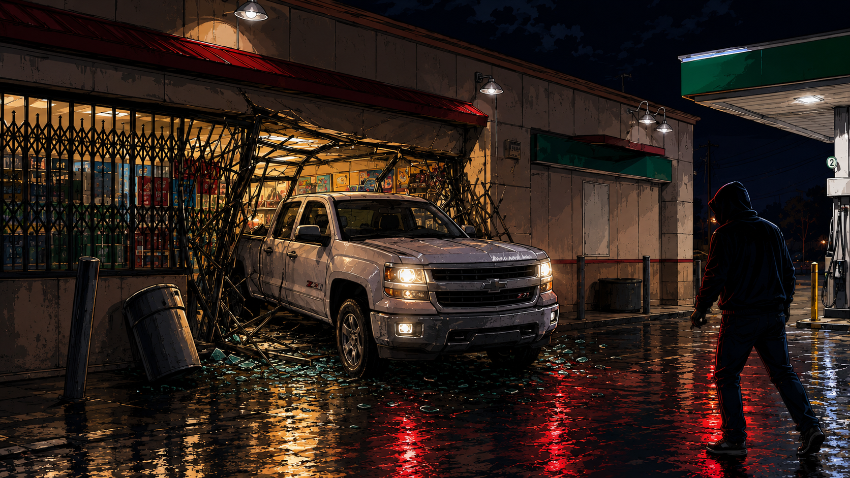 Cartoon-style image of a damaged Sinclair Dino Mart gas station in west Fresno after a truck crash near McKinley and West Avenues.