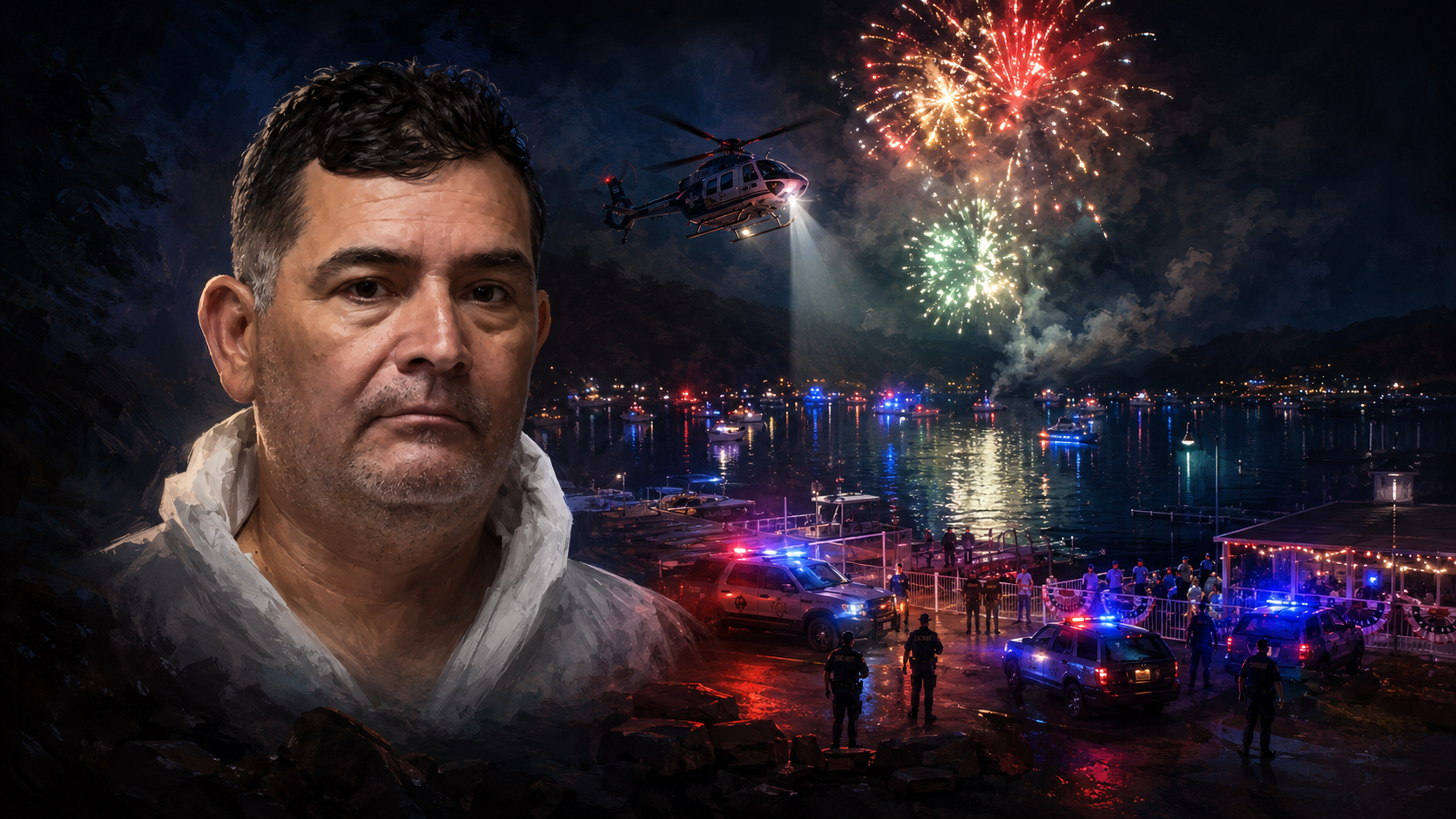 Nighttime Bass Lake stabbing scene with fireworks, medevac helicopter, sheriff lights, and suspect visual for Fourth of July crime story
