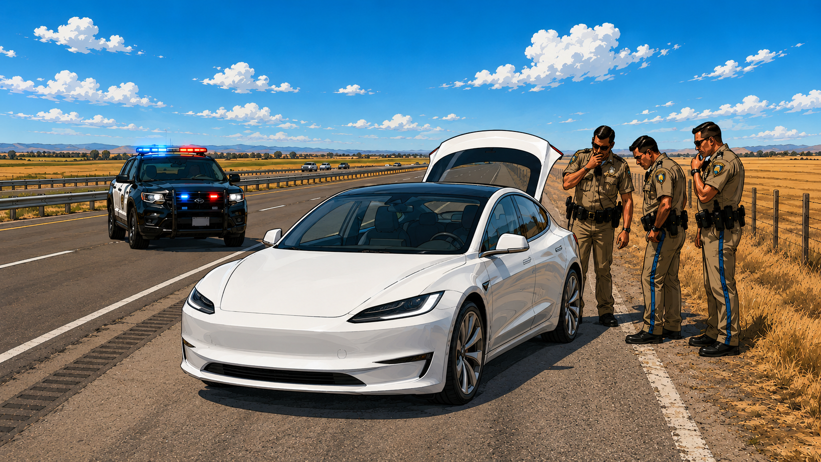 Editorial illustration of officers investigating a white Tesla along Highway 152 near Los Banos