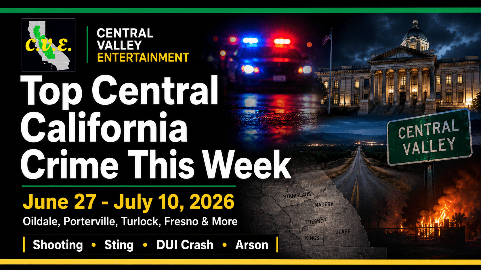 Central Valley crime news roundup covering Oildale shooting, Turlock sting, Merced County DUI crash, Del Rio shooting and Fresno arson