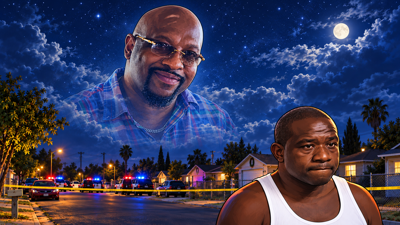 night-style memorial image showing Mark Harrison above a Fresno police scene with suspect below